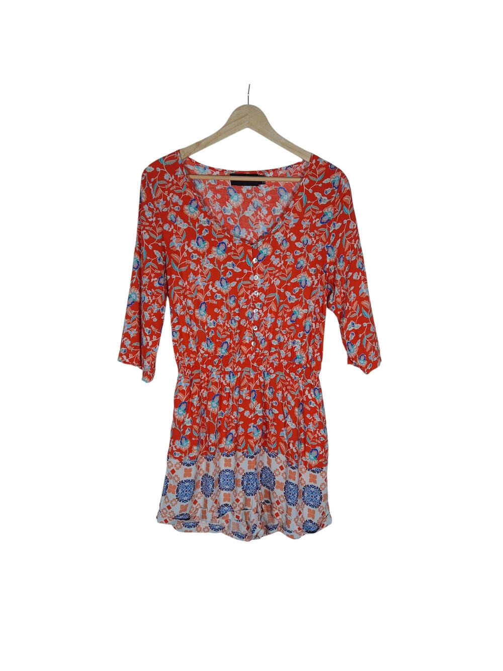 MinkPink Romper Small Orange Blue Floral Boho Beach Whimsical Vacation Indie